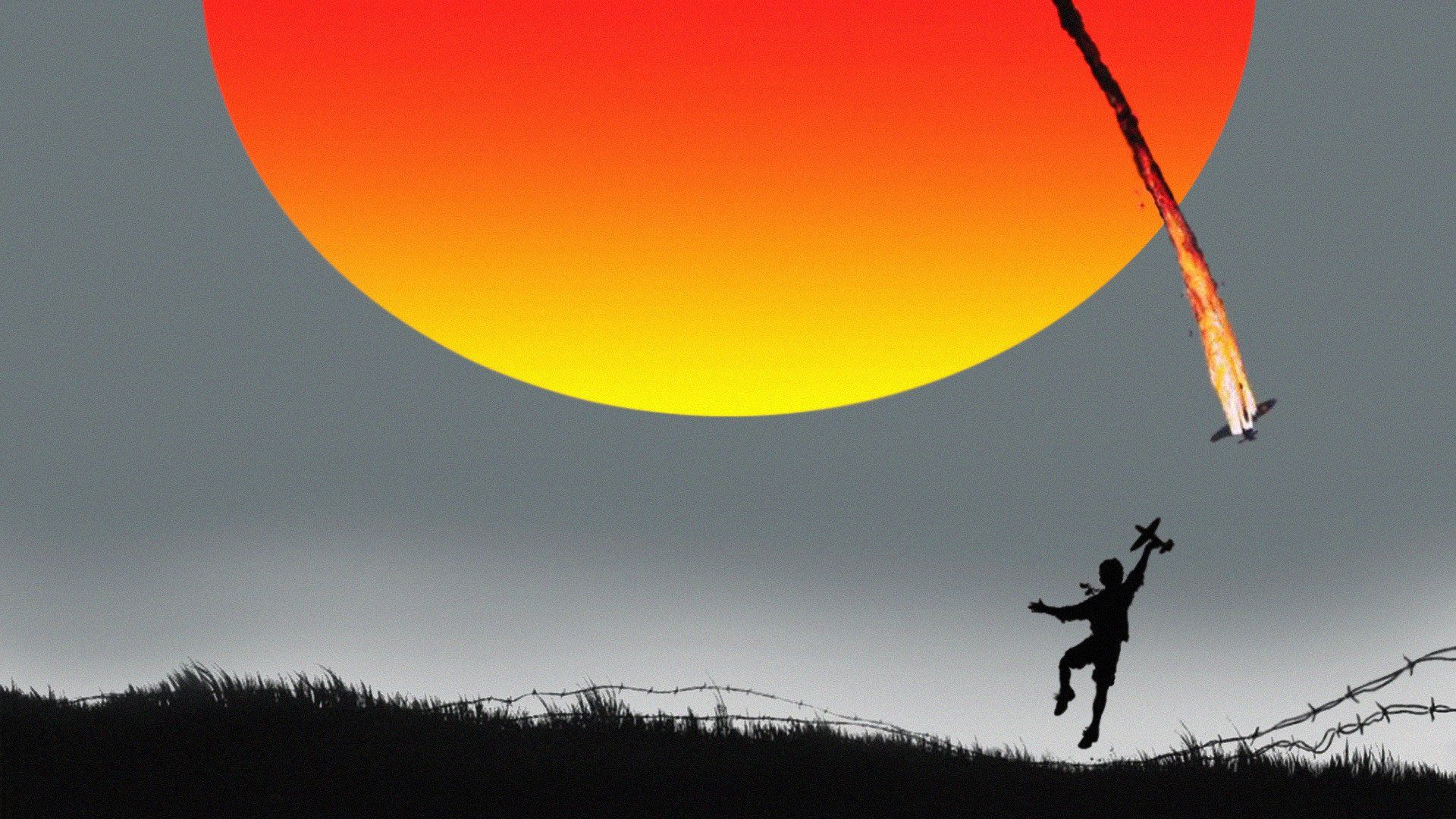 a large glowing red-yellow orb, a falling plane and a child holding a toy plane who is jumping over a barbed wire fence