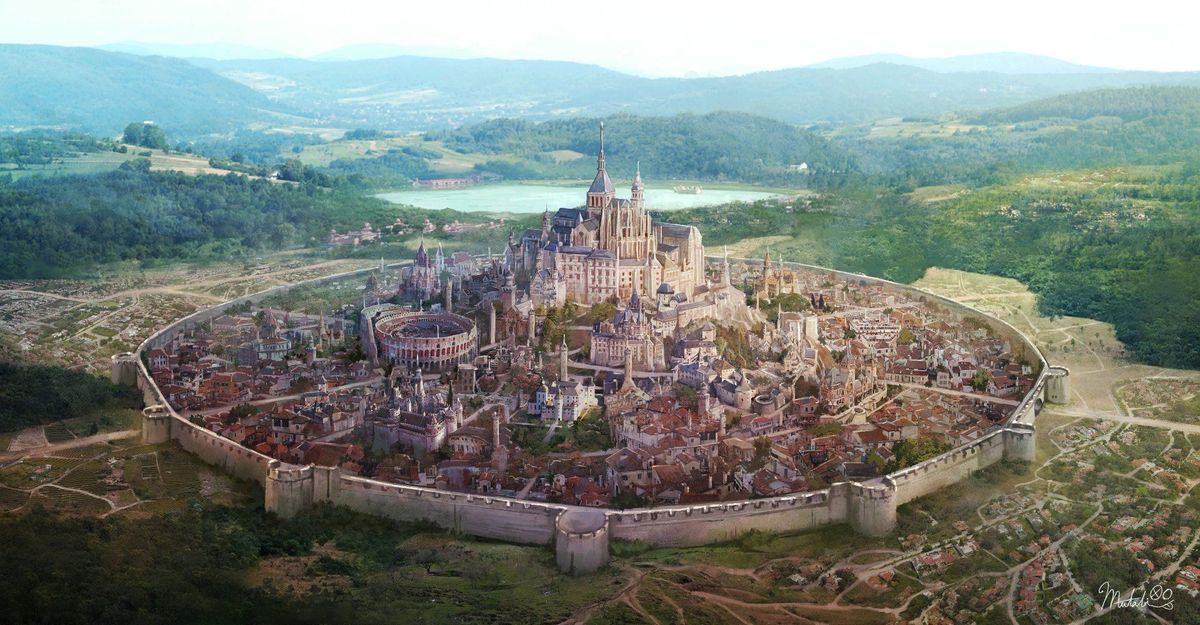 a city surrounded by a circular wall, with a castle in the center, rolling hills, and a lake in the background