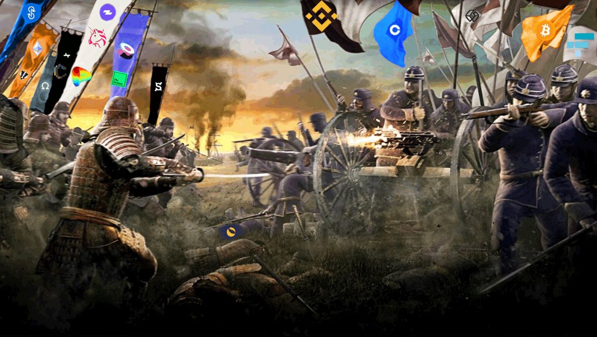 a battle scene with soldiers fighting, gunfire, and flags with crypto logos