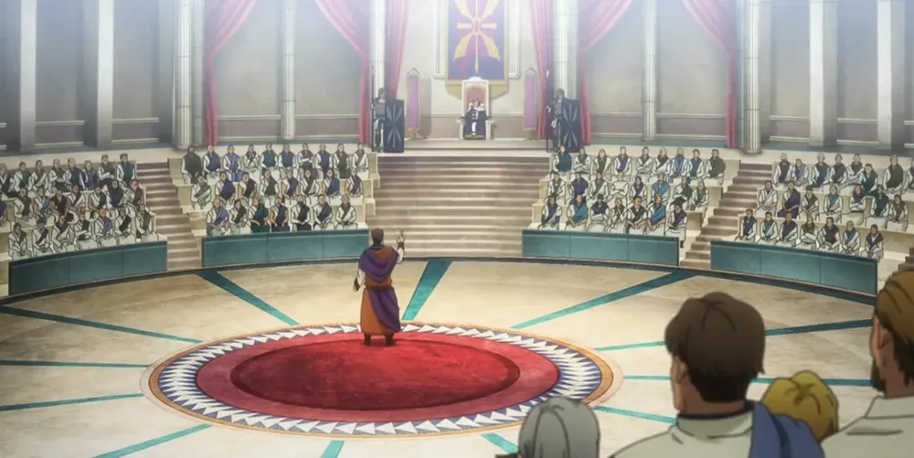 a person stands in the center of an auditorium filled with people, and points at a throne flanked by two guards