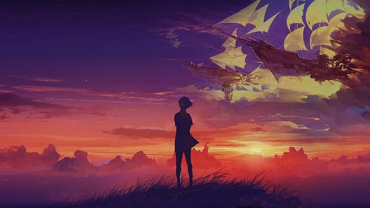 a child standing on grassy land, silhouetted against a sunset and starships in the sky