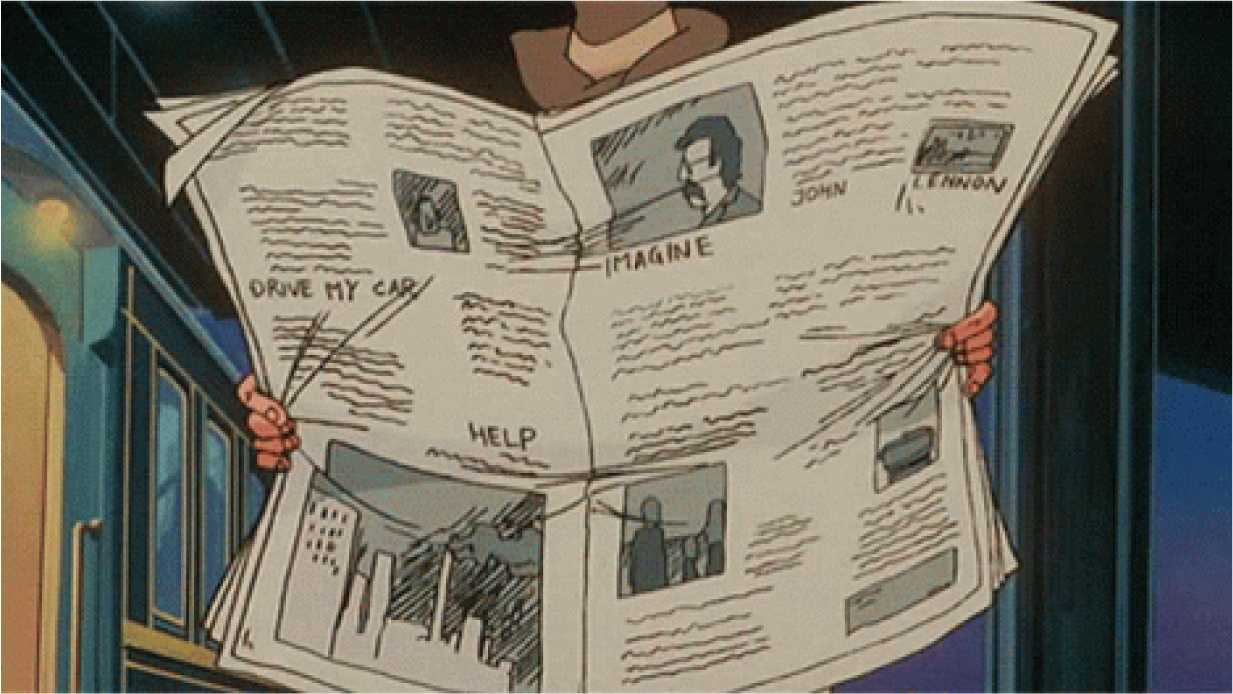 a person in a hat reads a big newspaper