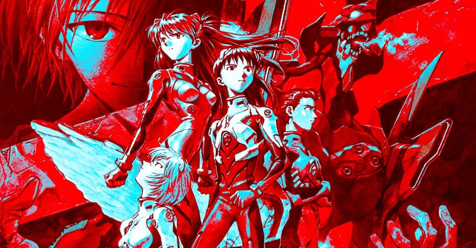 a group of anime characters with a red background