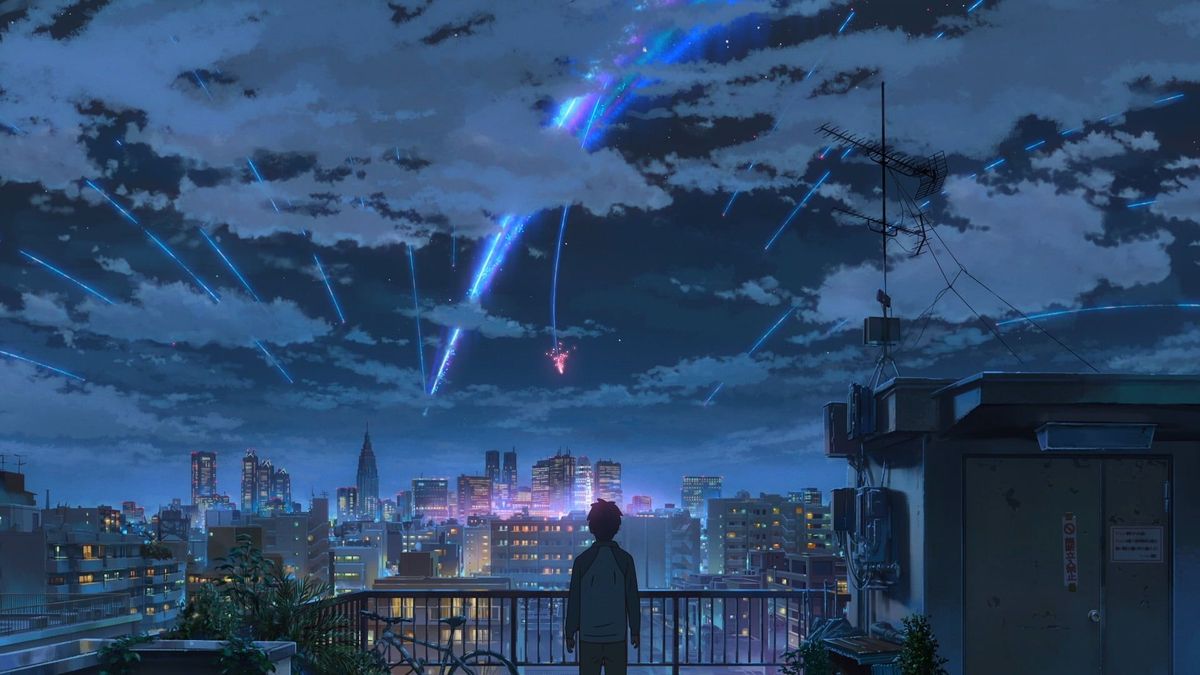 a person standing behind a fence looks out at a city on the horizon, while bright blue streaks appear in the sky