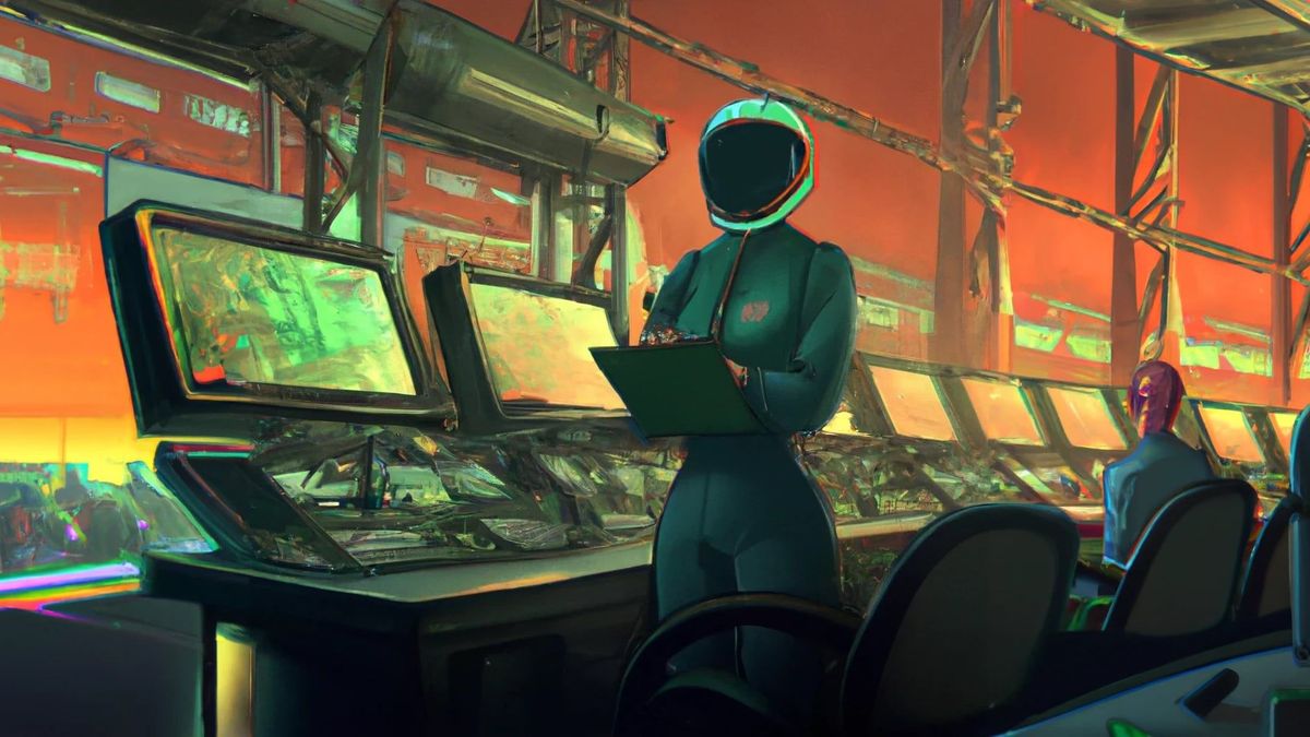 Tokemechs taking notes and monitoring computer workstations in a control center