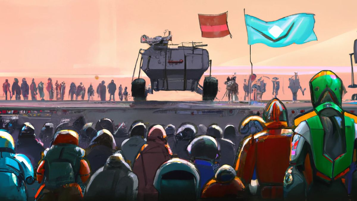 A crowd of mechs looks out toward a tank on the horizon. 