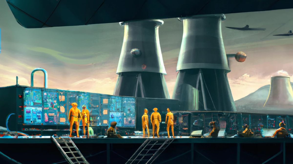 Attendants stand facing a control center, with three reactors in the background. 