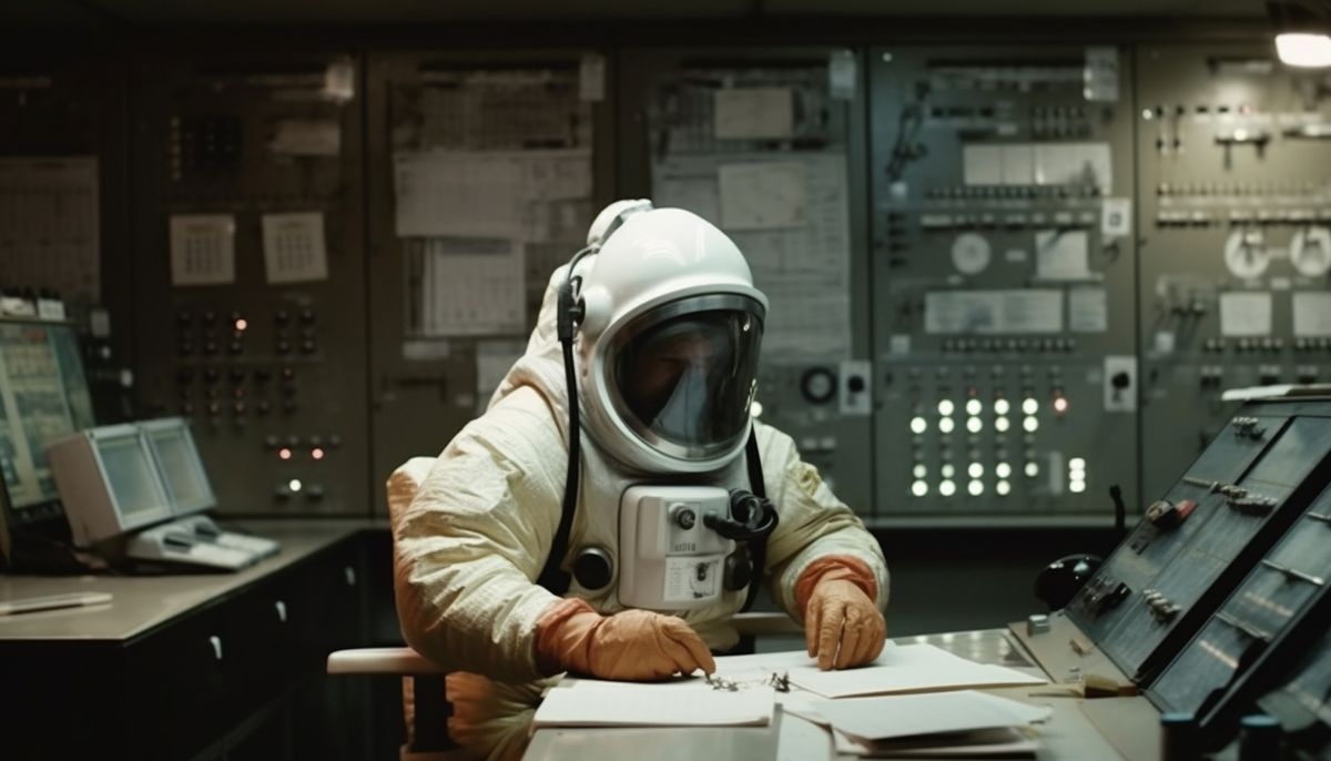 A Tokemech in a suit and helmet sits at a table and looks over papers, with computers and switchboards in the backgroun